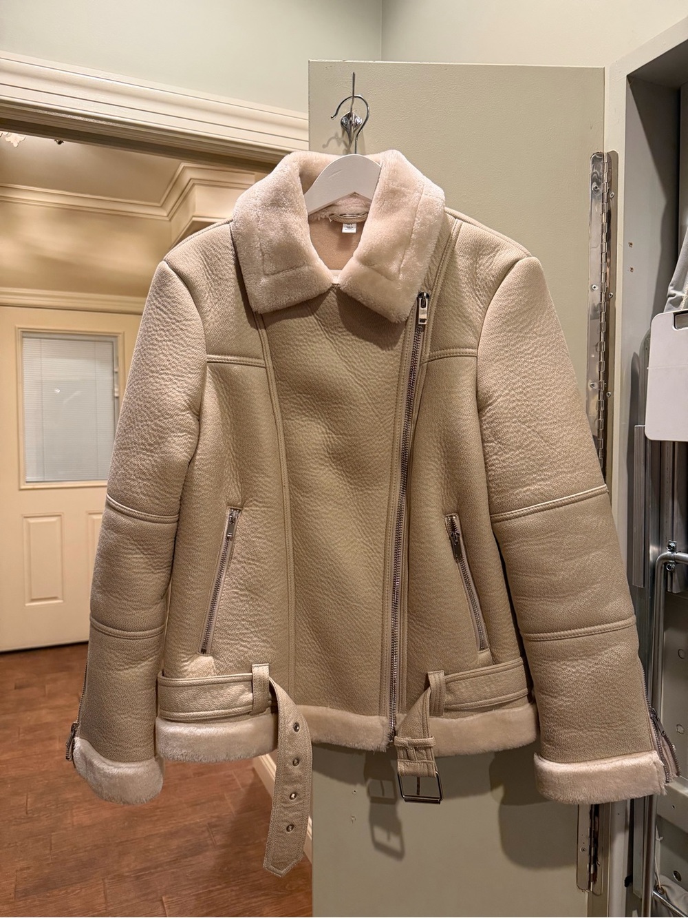 Topshop Cream Shearling Biker Jacket